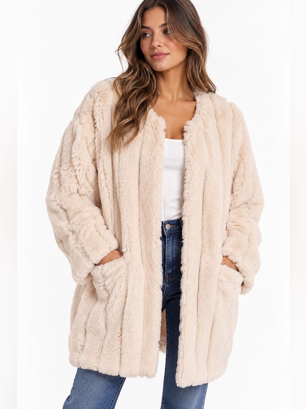 POL Faux Fur Fuzzy Cardigan Jacket Cream Oversized Open Front Pockets Size Small